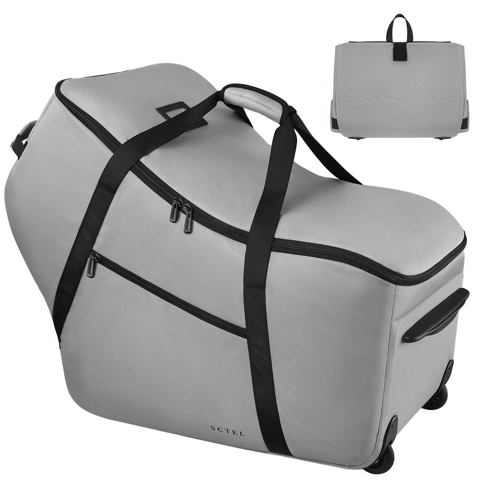 SCTEL car seat travel bag front view with wheels for easy airport transport.