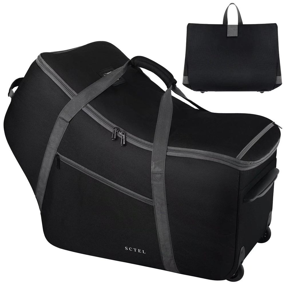 SCTEL car seat travel bag with wheels glides smoothly through terminals