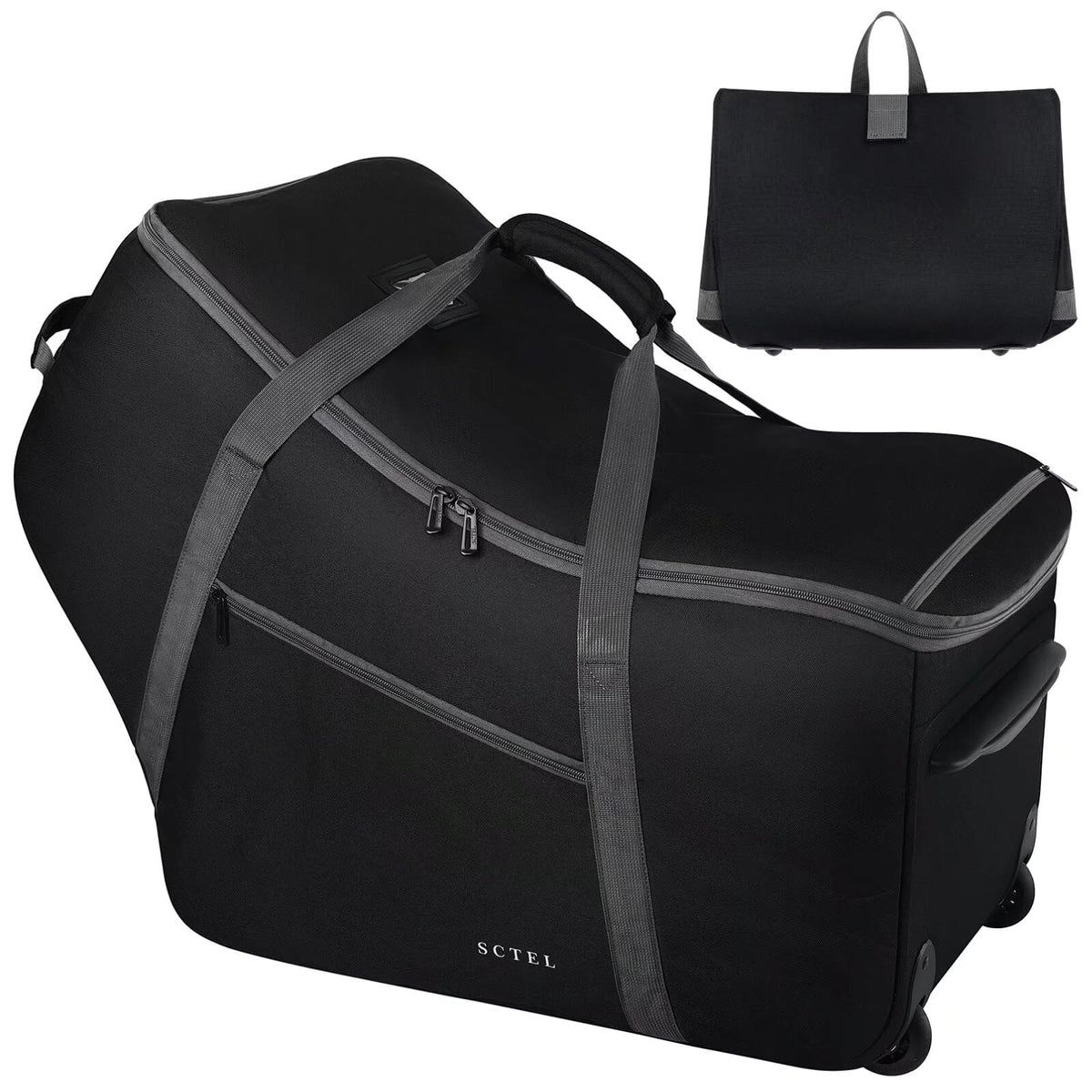 SCTEL car seat travel bag with wheels glides smoothly through terminals