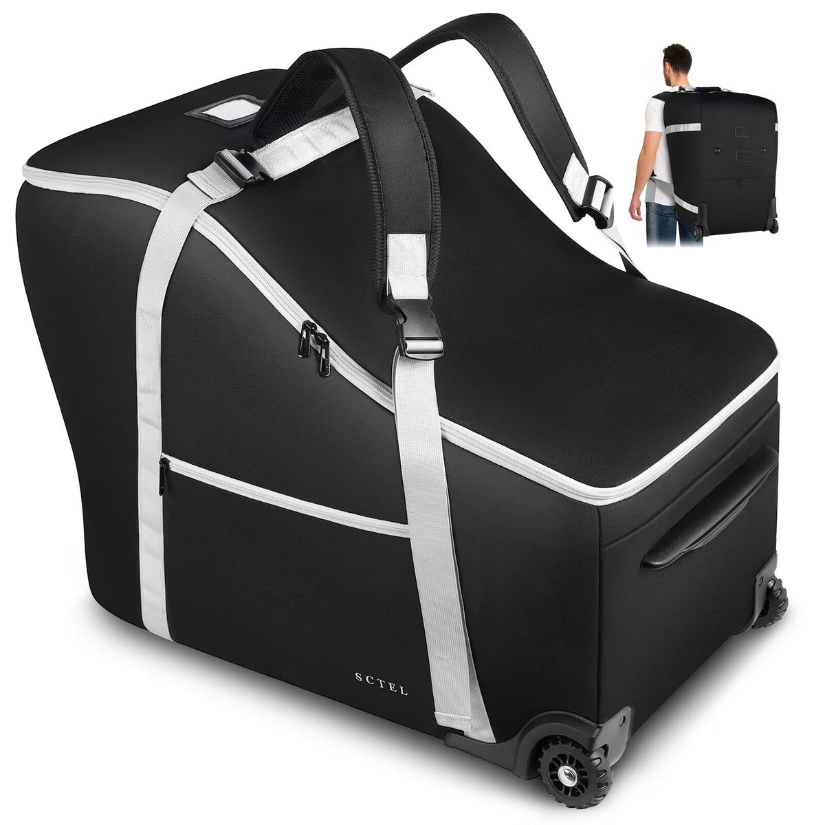 SCTEL infant car seat travel bag front view showing padded protection for travel.