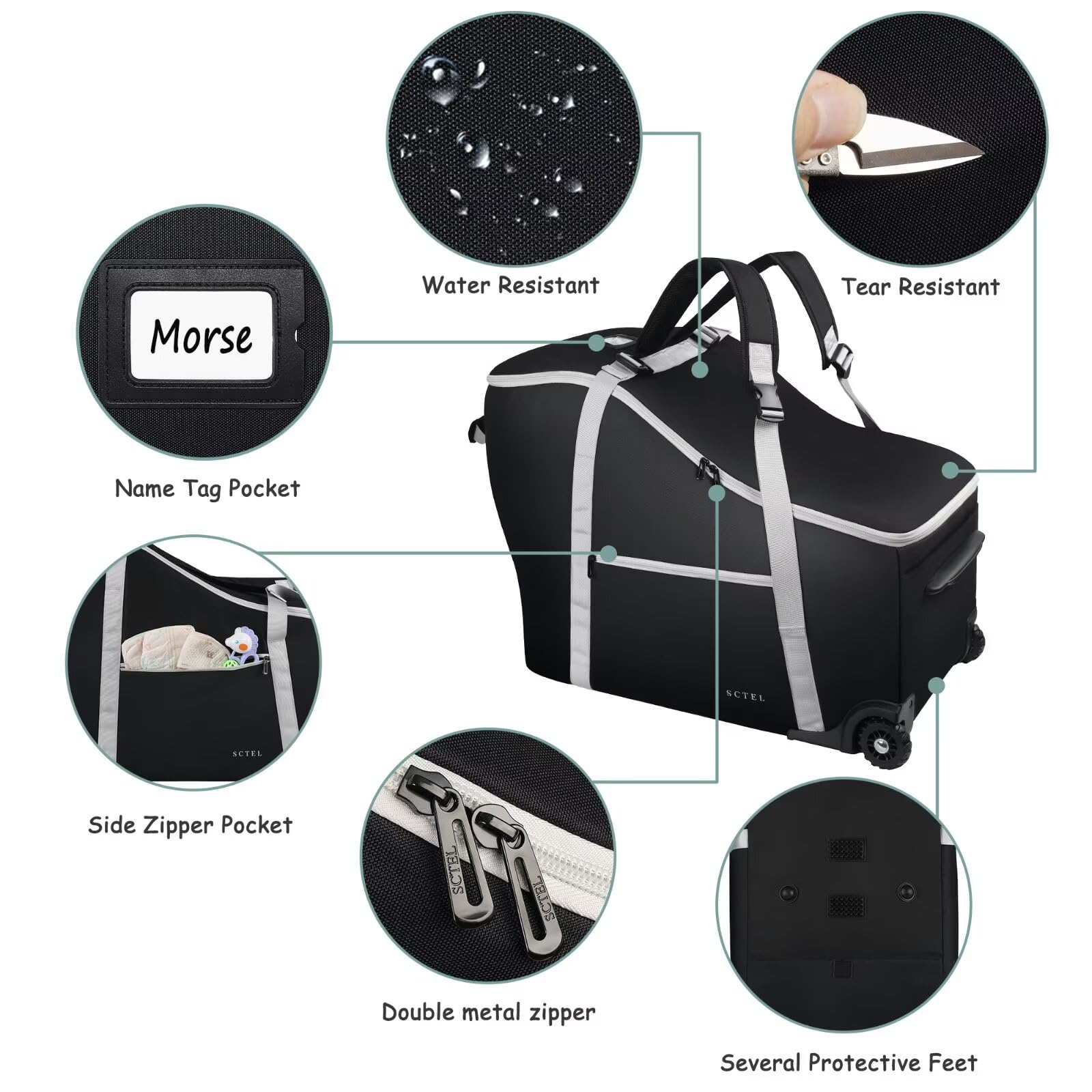 SCTEL bag two silent wheels enable smooth movement.