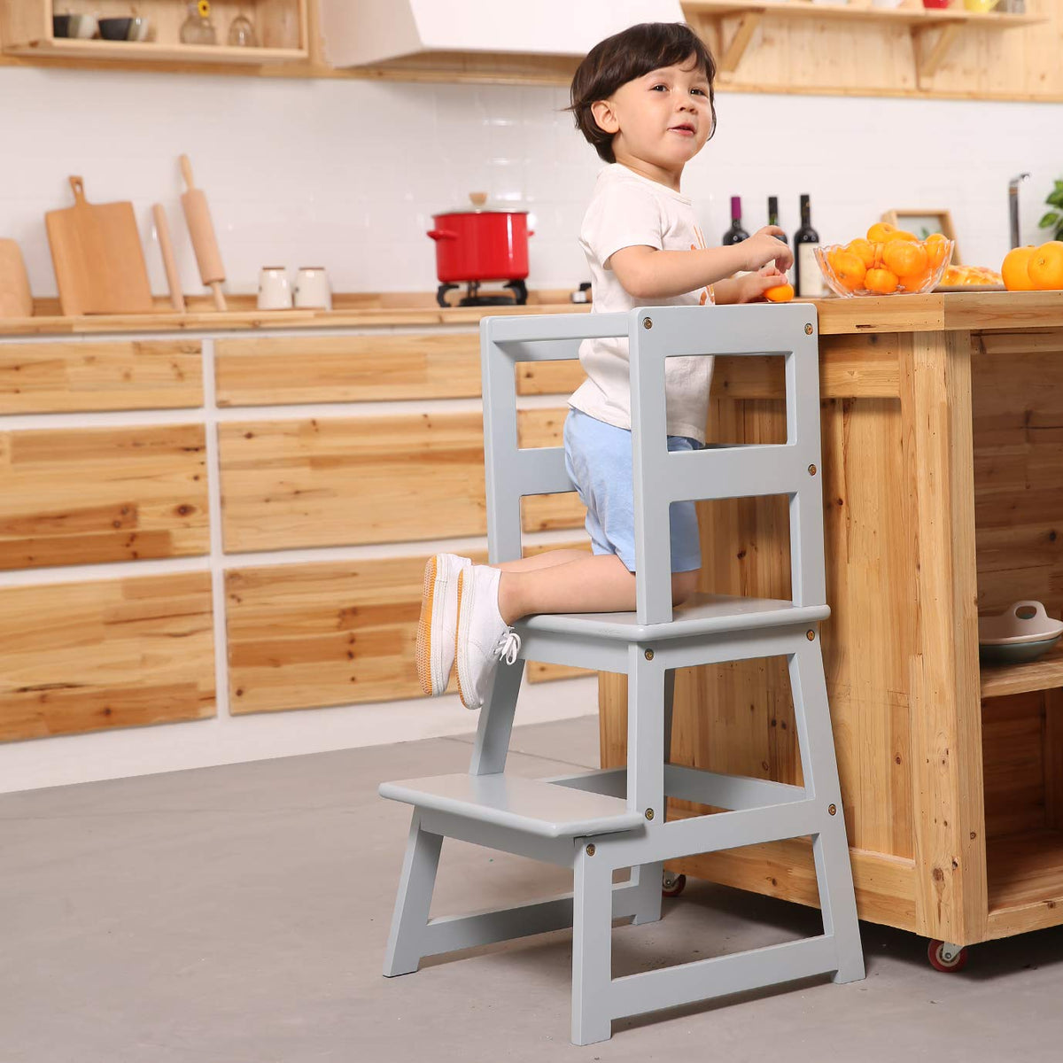 SDADI Kitchen Step Stool showing wooden base in gray for safe toddler height access.