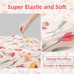 SDIII pink floral crib sheets close-up highlighting gentle touch and skin-friendly jersey knit.