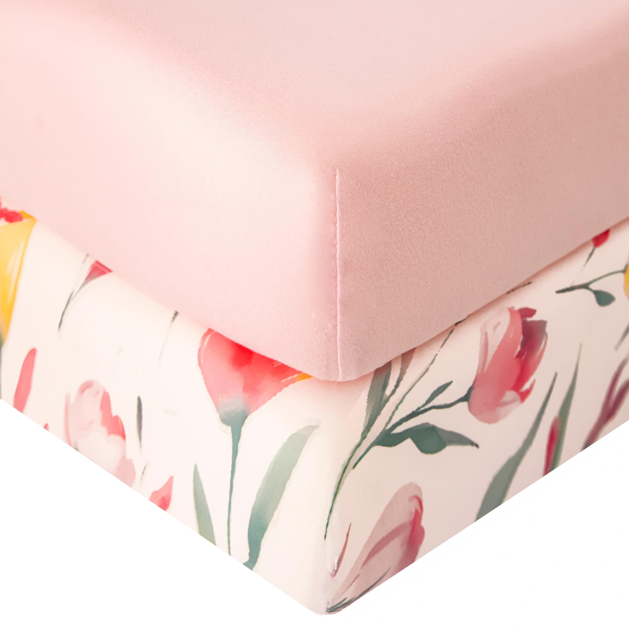 SDIII 2-pack pink floral crib sheets pack shot showing soft microfiber for baby comfort.