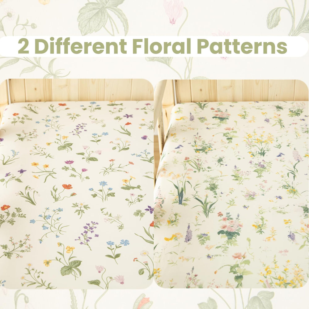 SDIII floral crib sheets on standard mattress show snug fit and safe sleep surface.