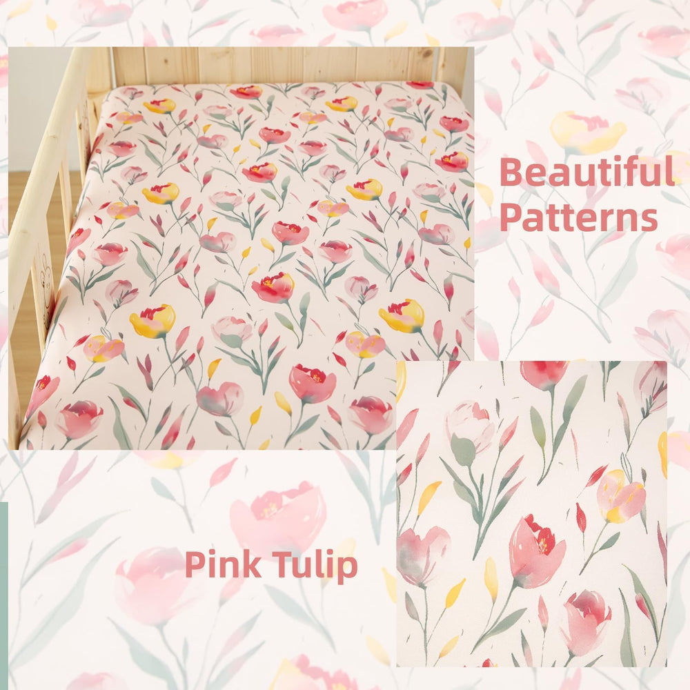 SDIII pink floral crib sheets on a baby’s mattress illustrating breathable, comfy sleep surface.