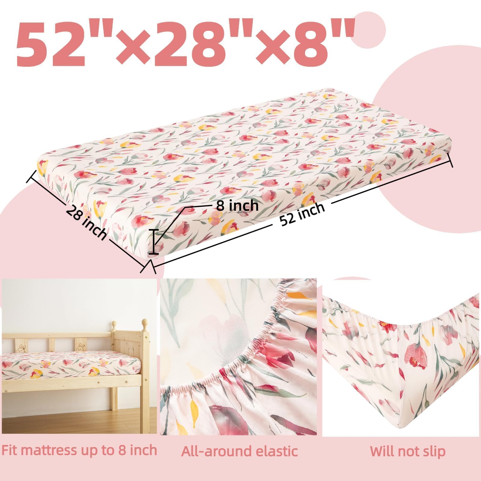SDIII snug-fit elastic sheet stretched over standard crib mattress for secure placement.