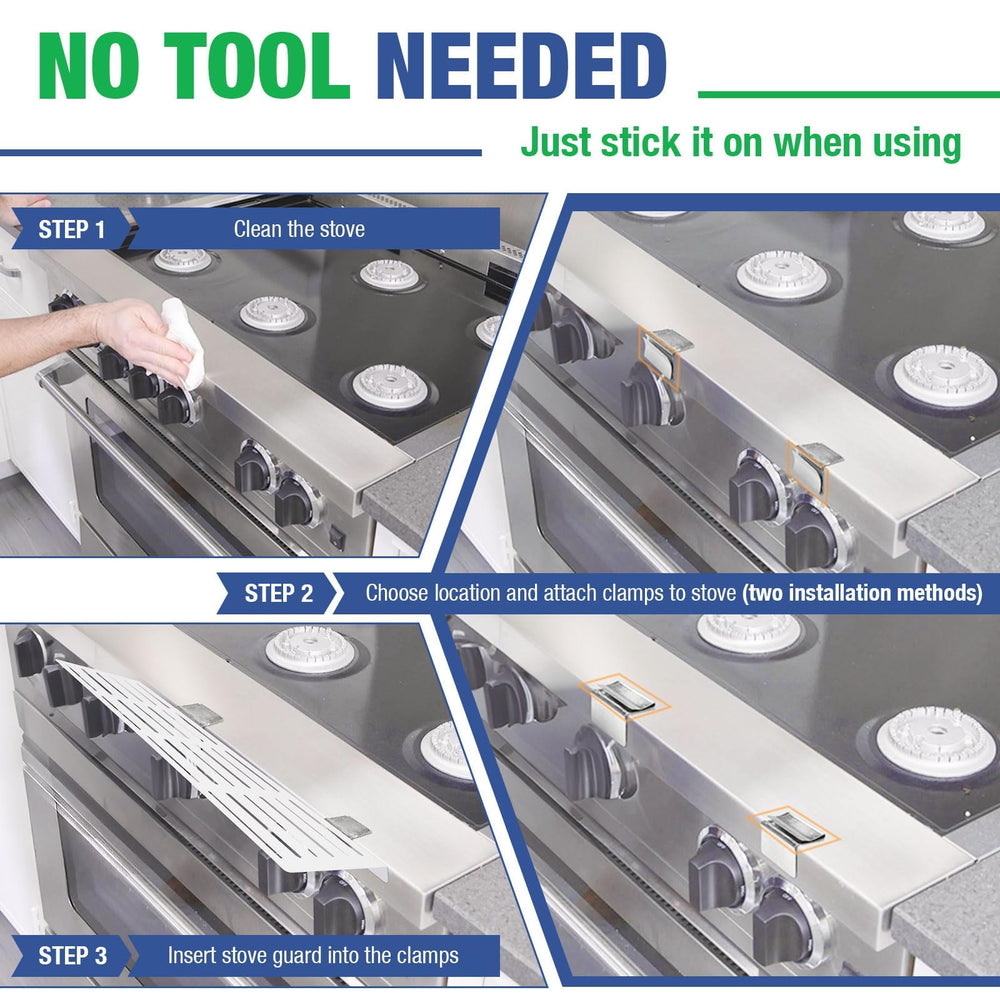 SDSNTE guard installed horizontally provides wide protection across the stove top