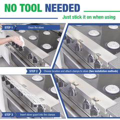 SDSNTE guard installed horizontally provides wide protection across the stove top