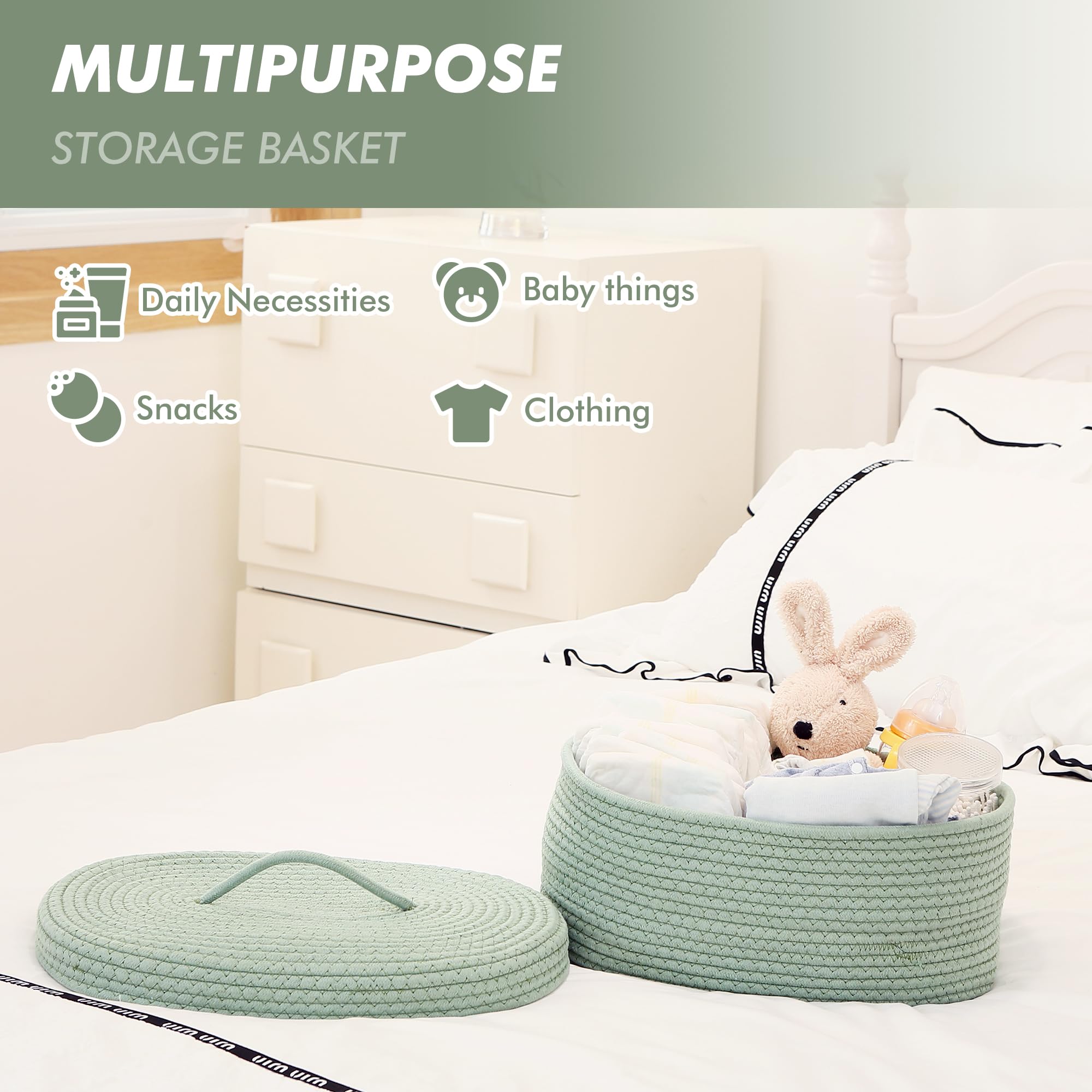 Sea Team green basket with dustproof lid helps keep contents clean and tidy