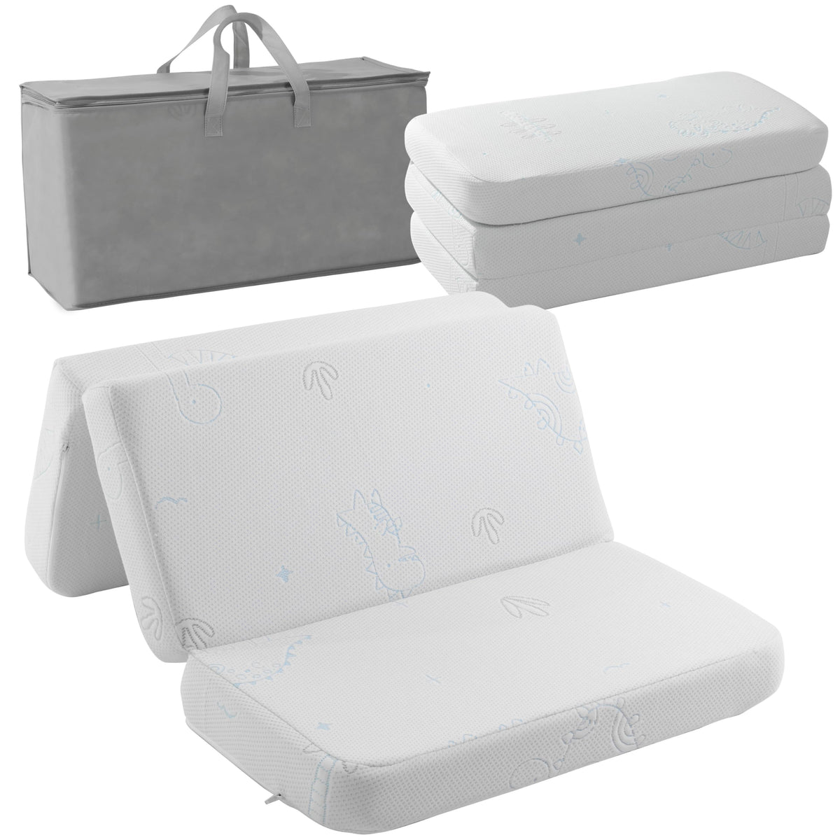 Seaaimea trifold crib mattress folded for compact storage and easy travel.