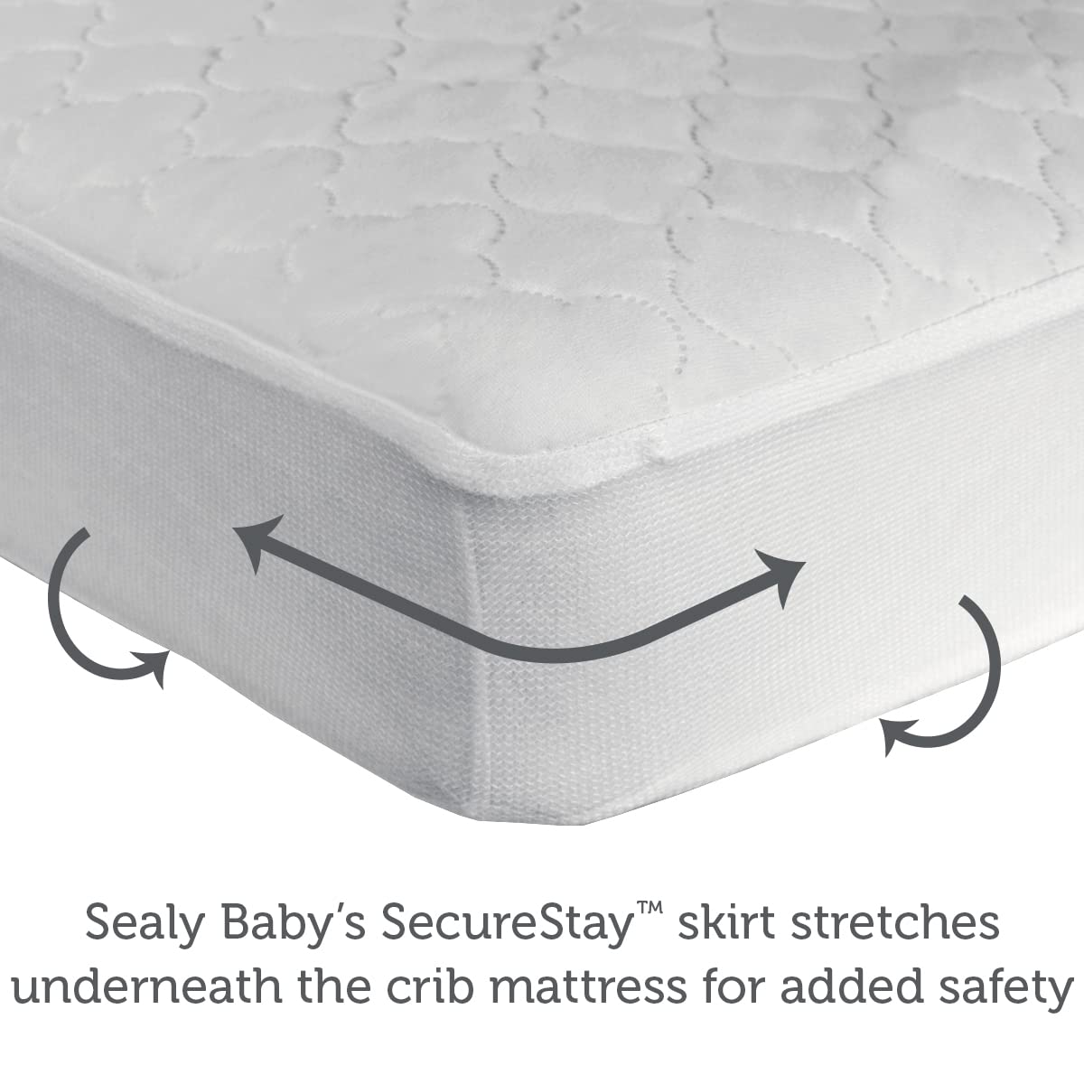 SEALY BABY SecureStay fitted skirt closeup demonstrates snug fit to reduce shifting.
