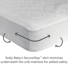 SEALY BABY SecureStay fitted skirt closeup demonstrates snug fit to reduce shifting.