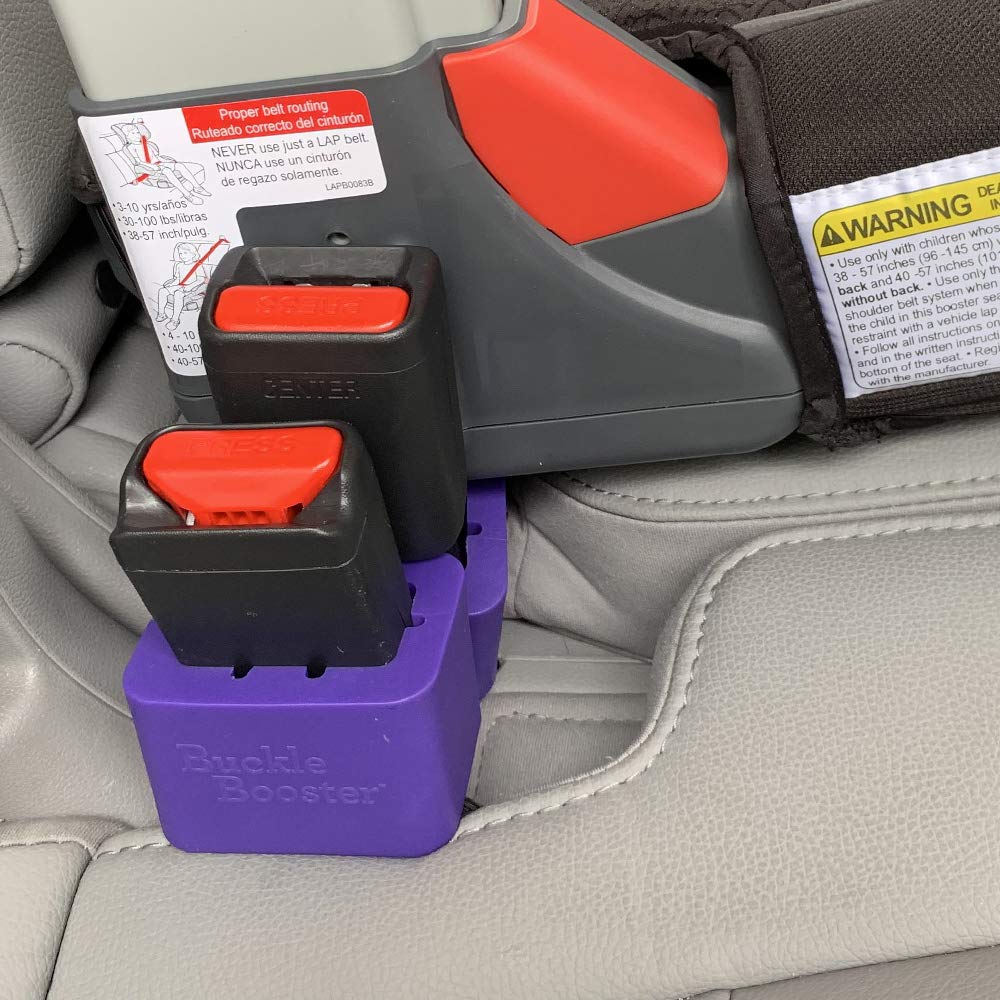 SEAT BELT EXTENDER PROS buckle booster side view demonstrates extended reach for easier buckling.