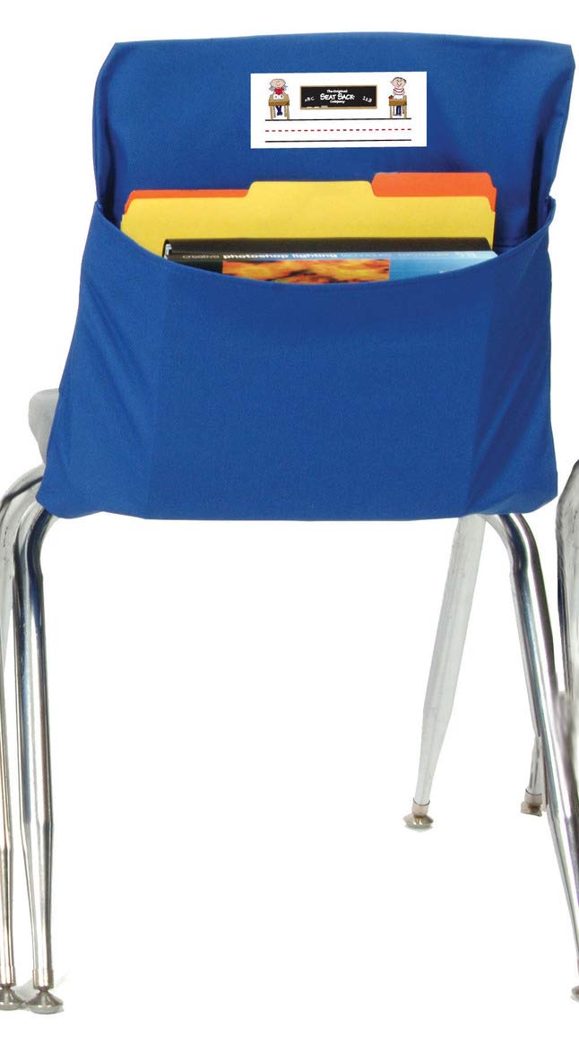 Seat Sack blue 15-inch storage pocket on chair keeps classroom supplies within reach.