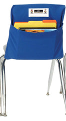 Seat Sack blue 15-inch storage pocket on chair keeps classroom supplies within reach.