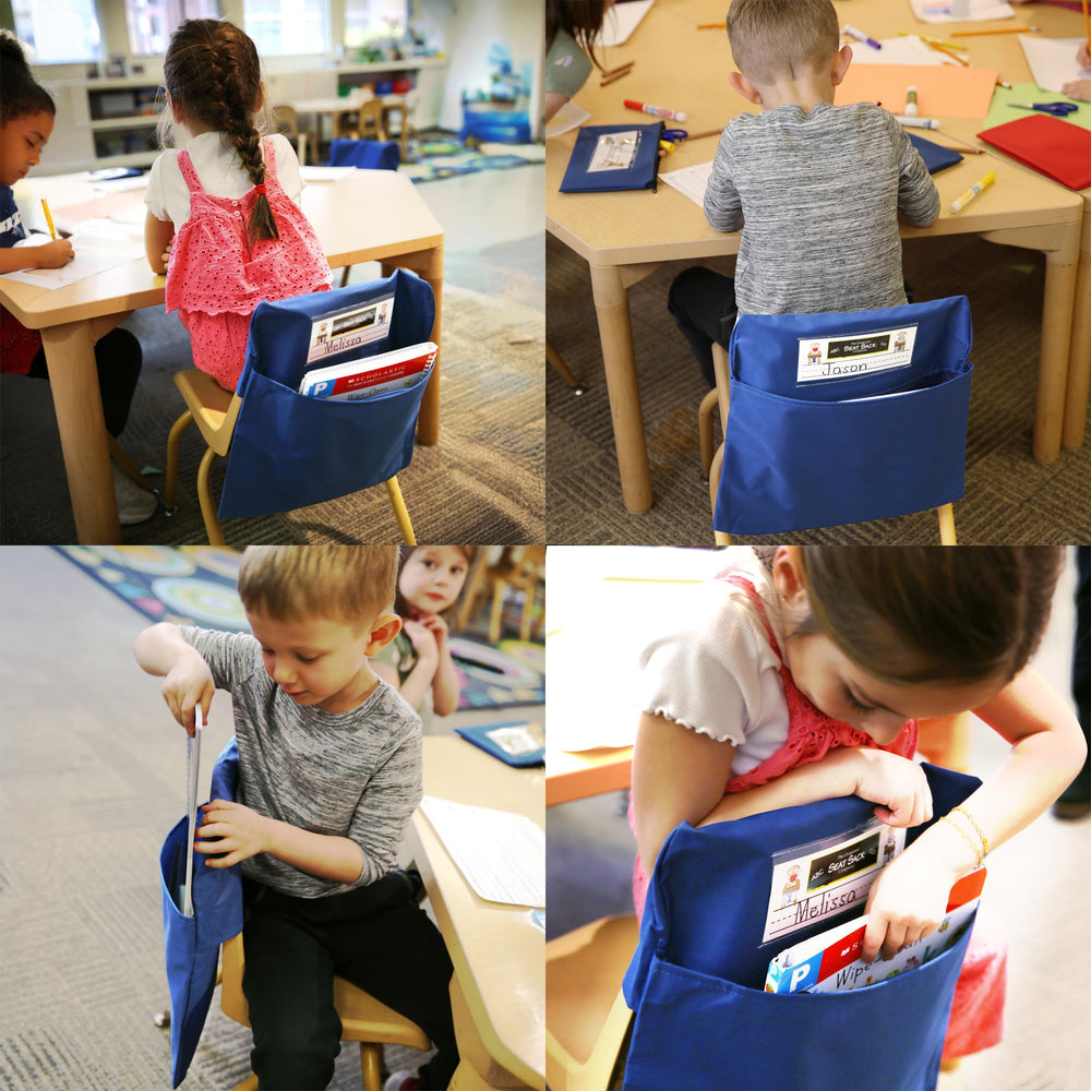 Seat Sack product visual showing spacious pocket supports organized desks and supplies.