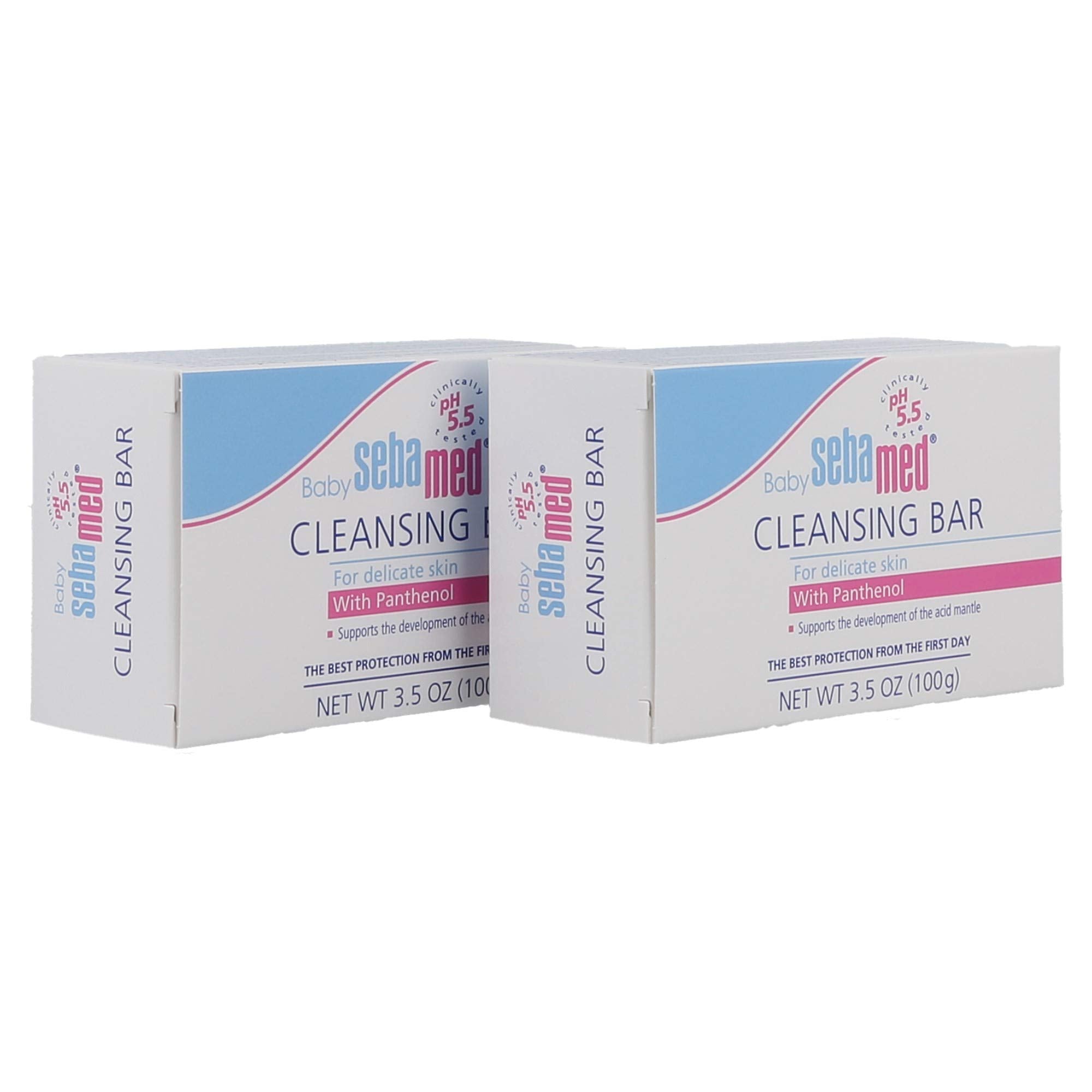 SEBAMED Baby Cleansing Bar 2-pack packaging label shows mild formula with vitamins and amino acids.