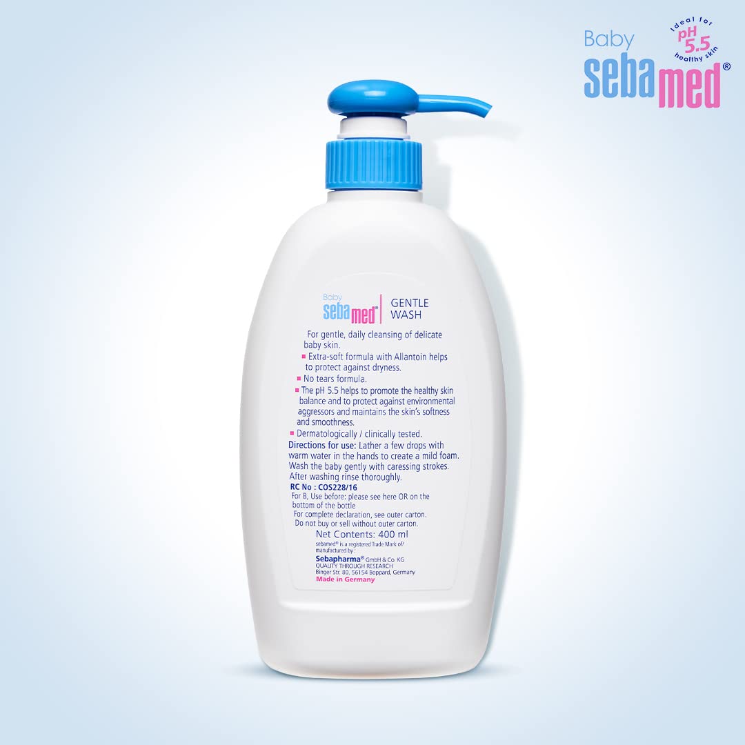 Sebamed Baby Gentle Wash bath-time routine scene suggests gentle cleanse for sensitive skin.