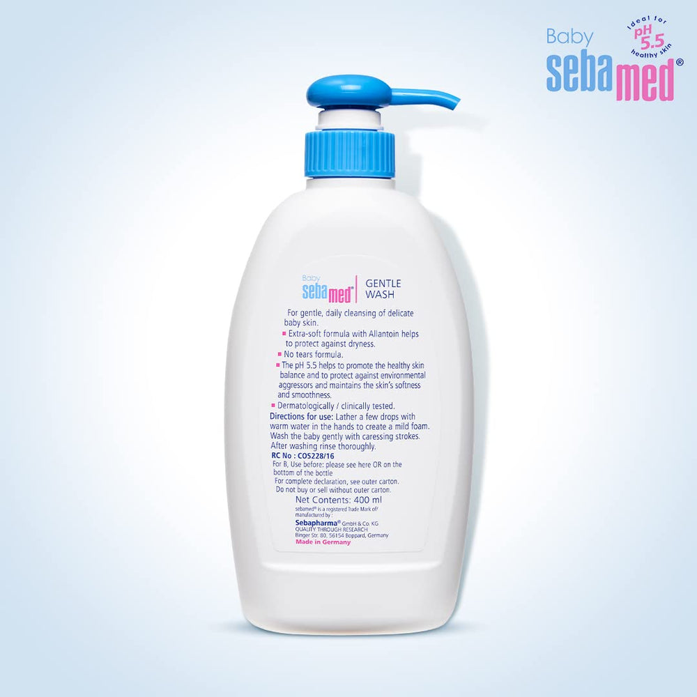 Sebamed Baby Gentle Wash bath-time routine scene suggests gentle cleanse for sensitive skin.
