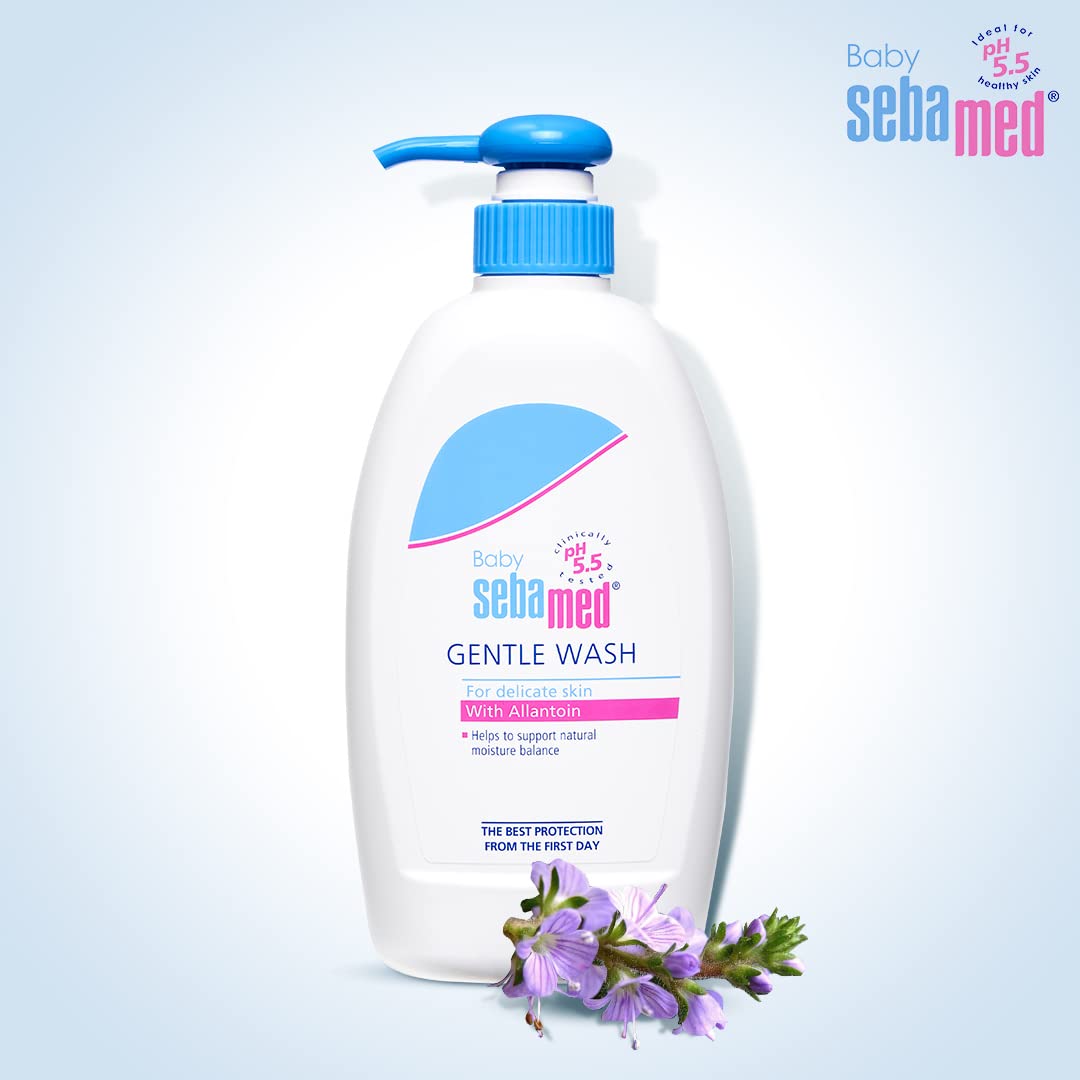 Sebamed Baby Gentle Wash bottle pour highlights gentle cleansing for newborns.