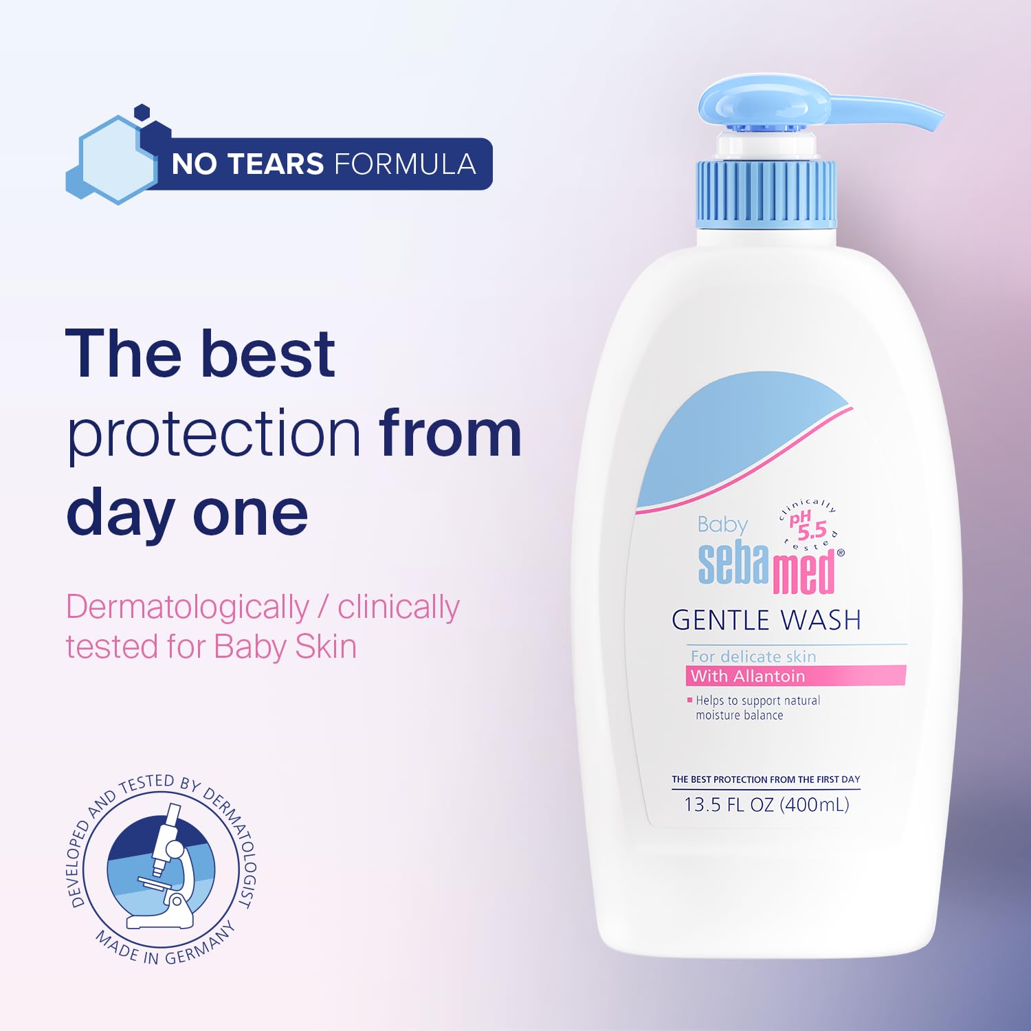 Sebamed Baby Gentle Wash packaging—clear, parent-friendly safety information.