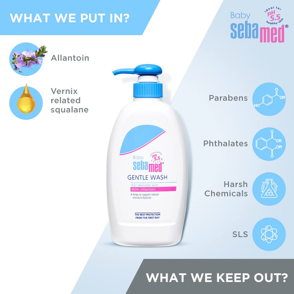 Sebamed Baby Gentle Wash ultra-soft foam emphasizes hydrating, no-tears bath experience.