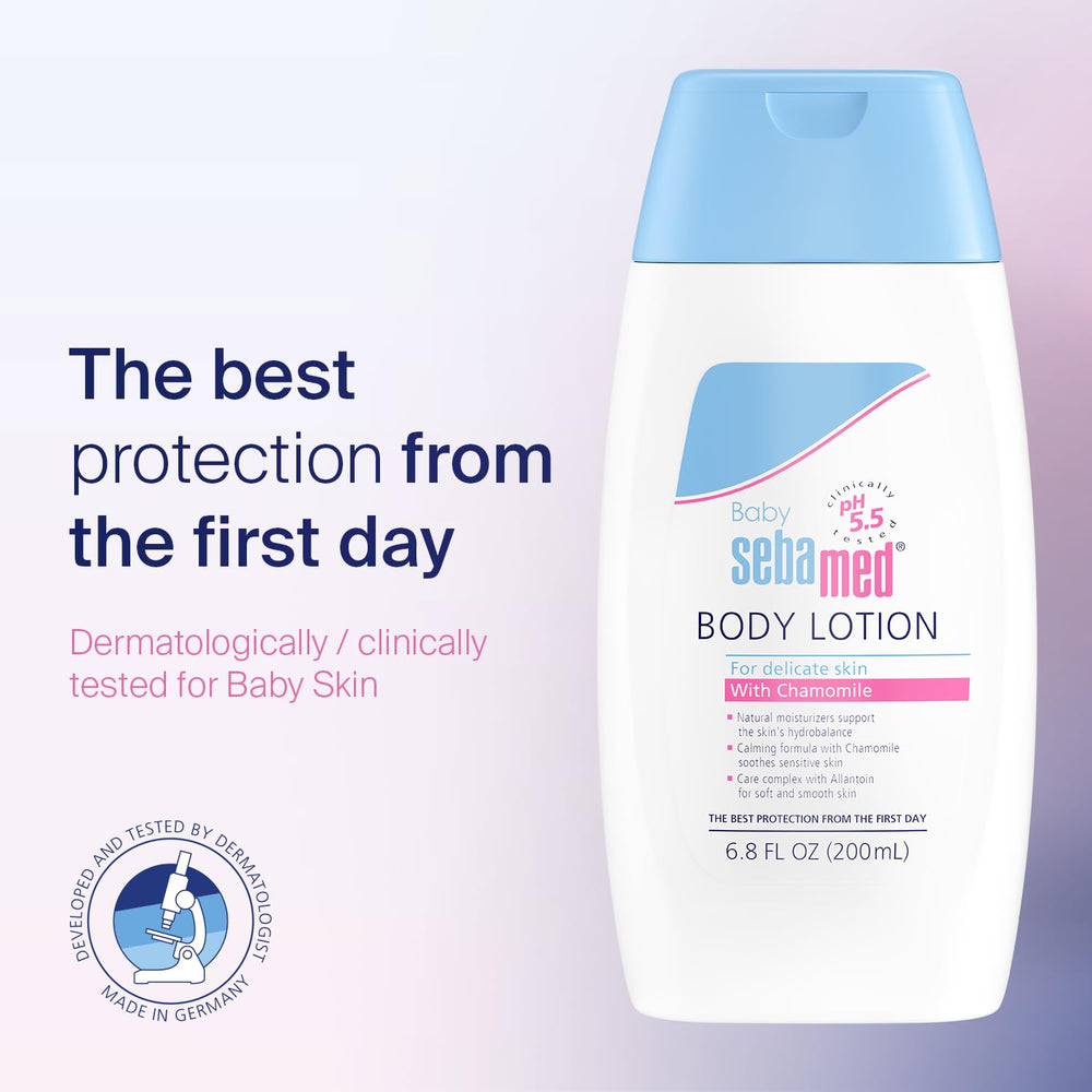 Sebamed Baby Lotion packaging box 200ml showcases dermatologist-friendly moisturizing option.