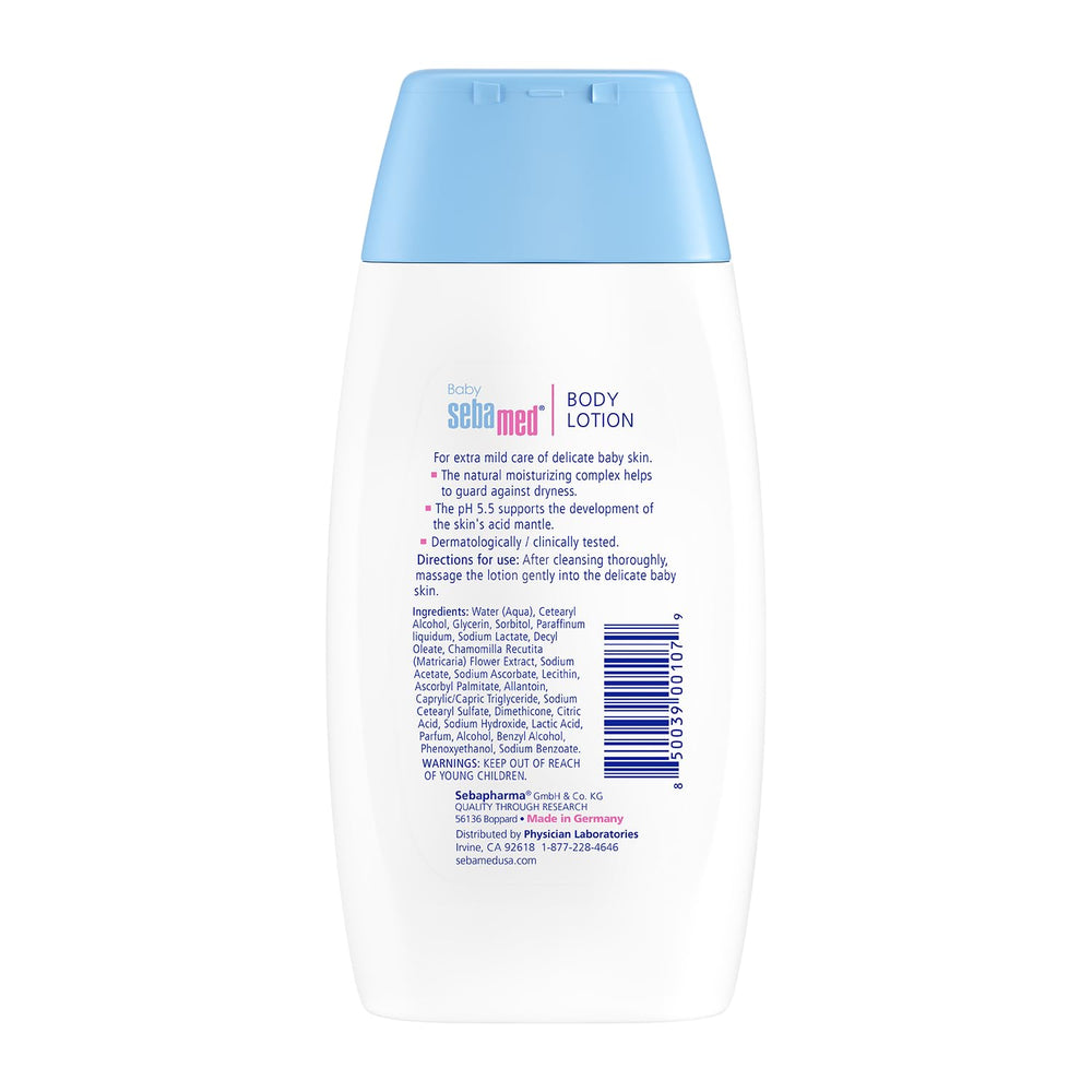 Sebamed Baby Lotion texture closeup showing light, fast-absorbing moisturizer.