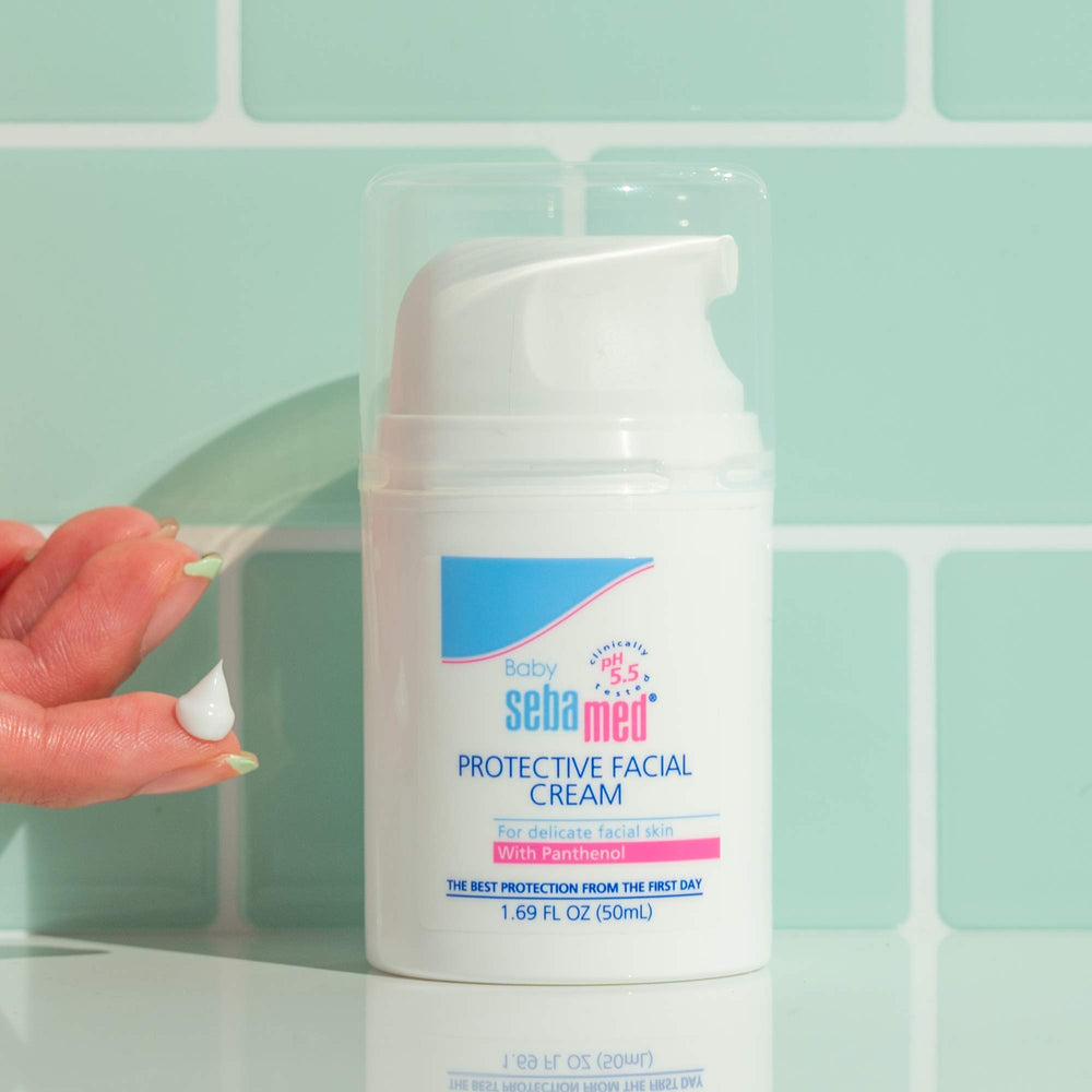 SEBAMED Baby Protective Facial Cream baby skin illustration shows barrier-supporting care.