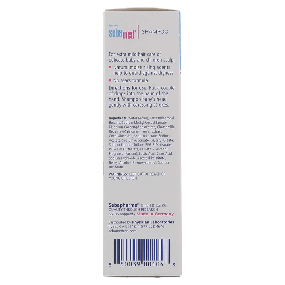 SEBAMED Baby Shampoo packaging in a bathroom scene for compact on-sink use