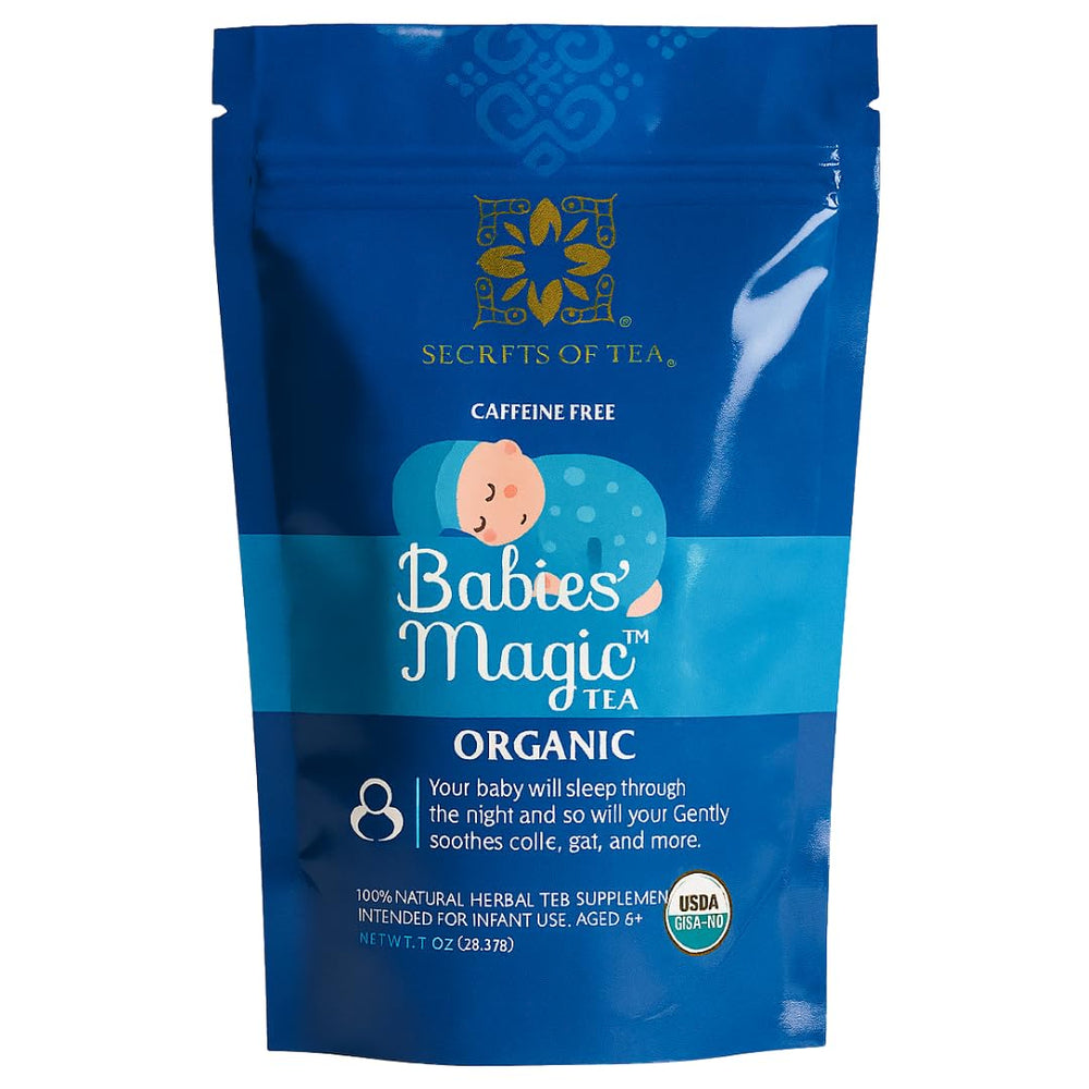 Secrets of Tea Babies' Magic Tea bottle pour for gentle colic relief and calm evenings.
