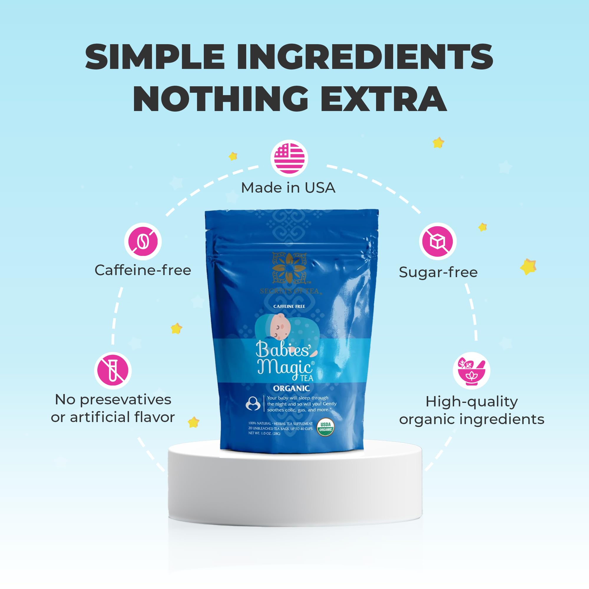 Secrets of Tea natural ingredients display communicates purity for sensitive infant systems.