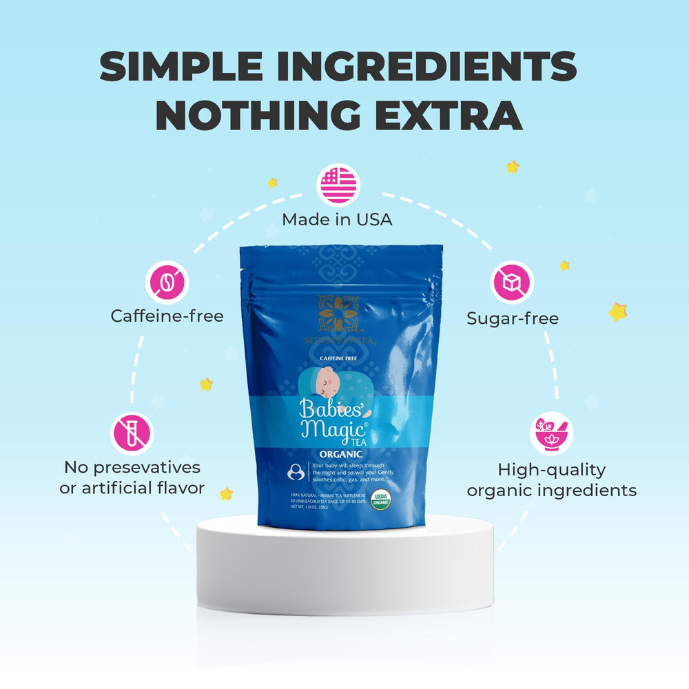 Secrets of Tea natural ingredients display communicates purity for sensitive infant systems.