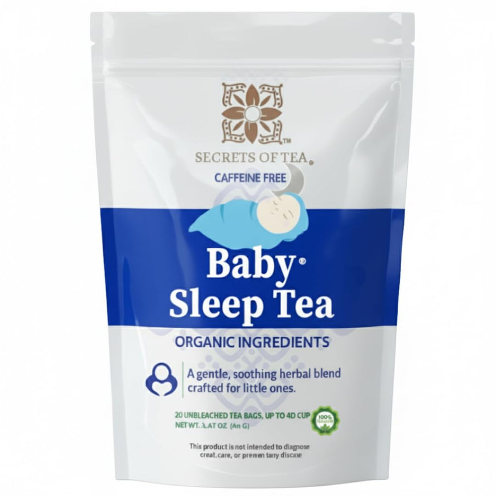 Secrets Of Tea Baby Sleep Tea box packaging highlights 20 caffeine-free sachets for gentle baby comfort.