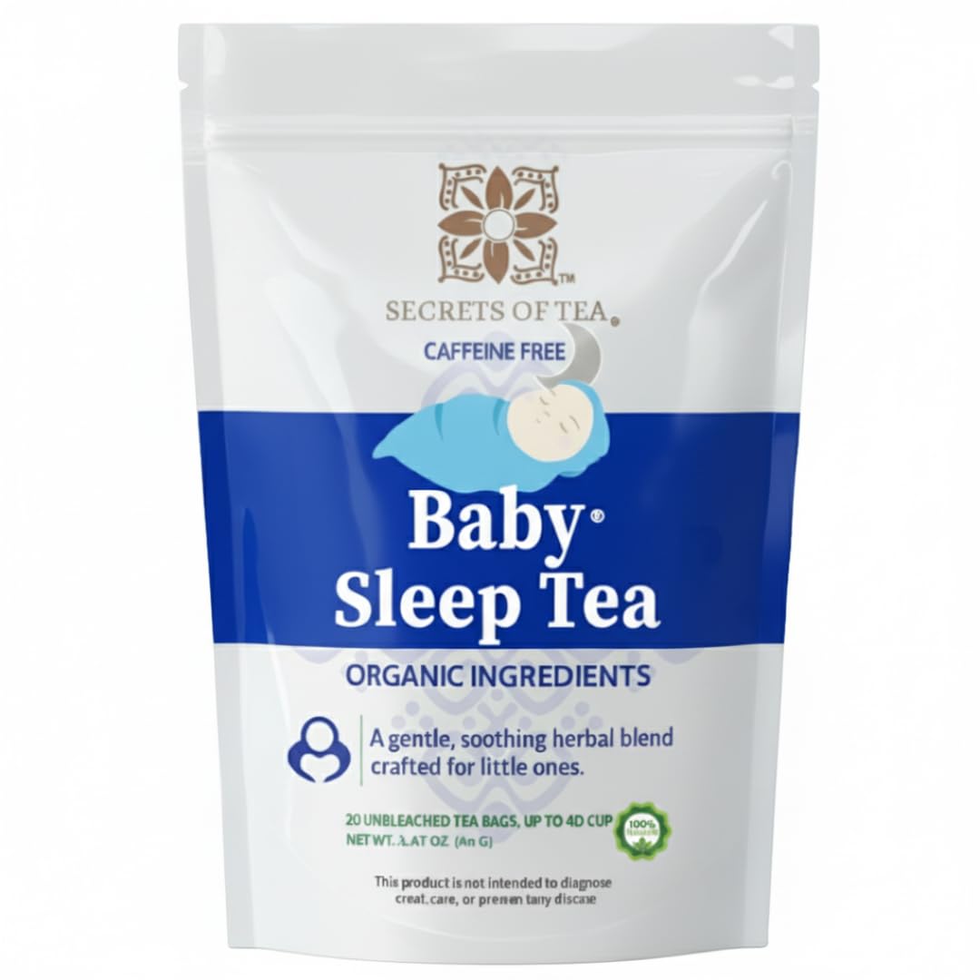 Secrets Of Tea Baby Sleep Tea box packaging highlights 20 caffeine-free sachets for gentle baby comfort.