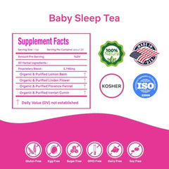 Secrets Of Tea Baby Sleep Tea sachets close-up showing natural ingredients for infants' soothing.