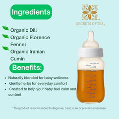 Secrets Of Tea colic tea package showcases organic, caffeine-free calming formula