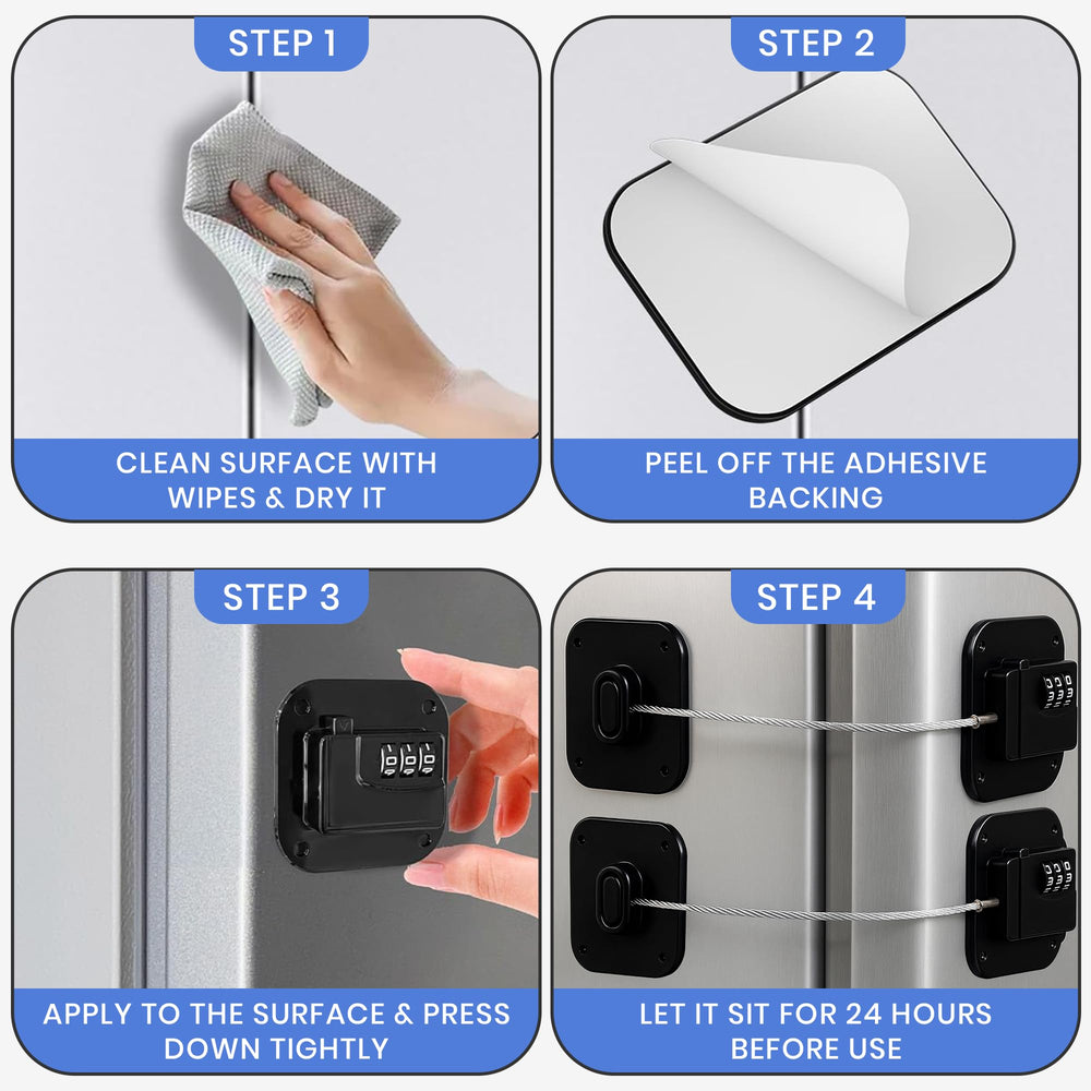 SECUIX fridge lock ABS plastic body with strong adhesive backing sticks securely.