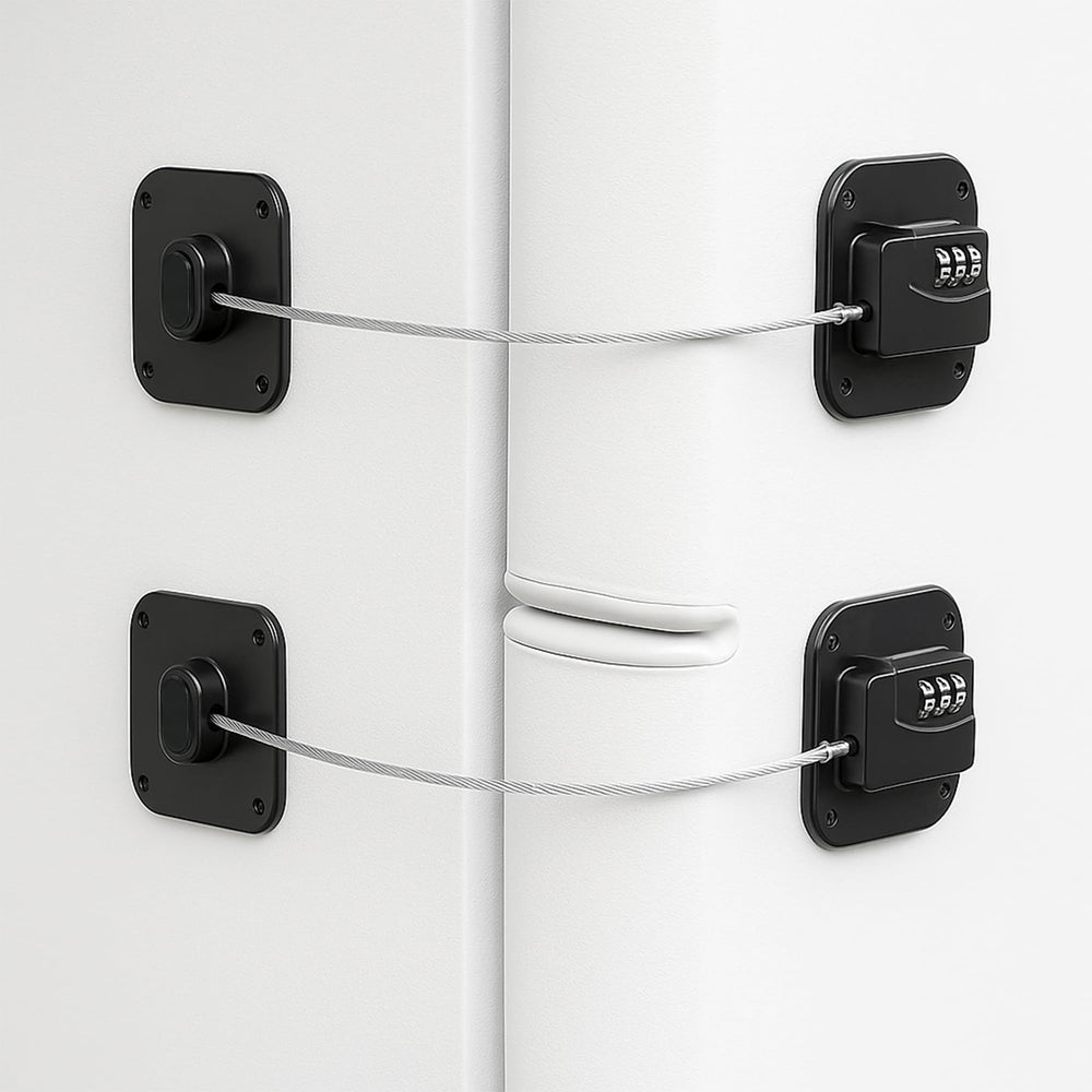 SECUIX fridge lock adhesive-back install demonstrates tool-free setup for secure cabinets.