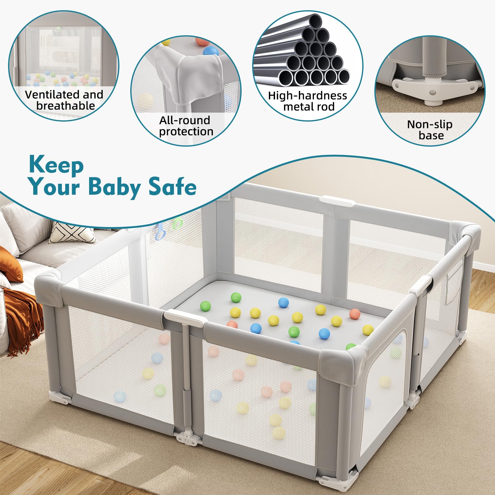 Seeday ocean balls included for engaging, safe sensory play inside the pen.