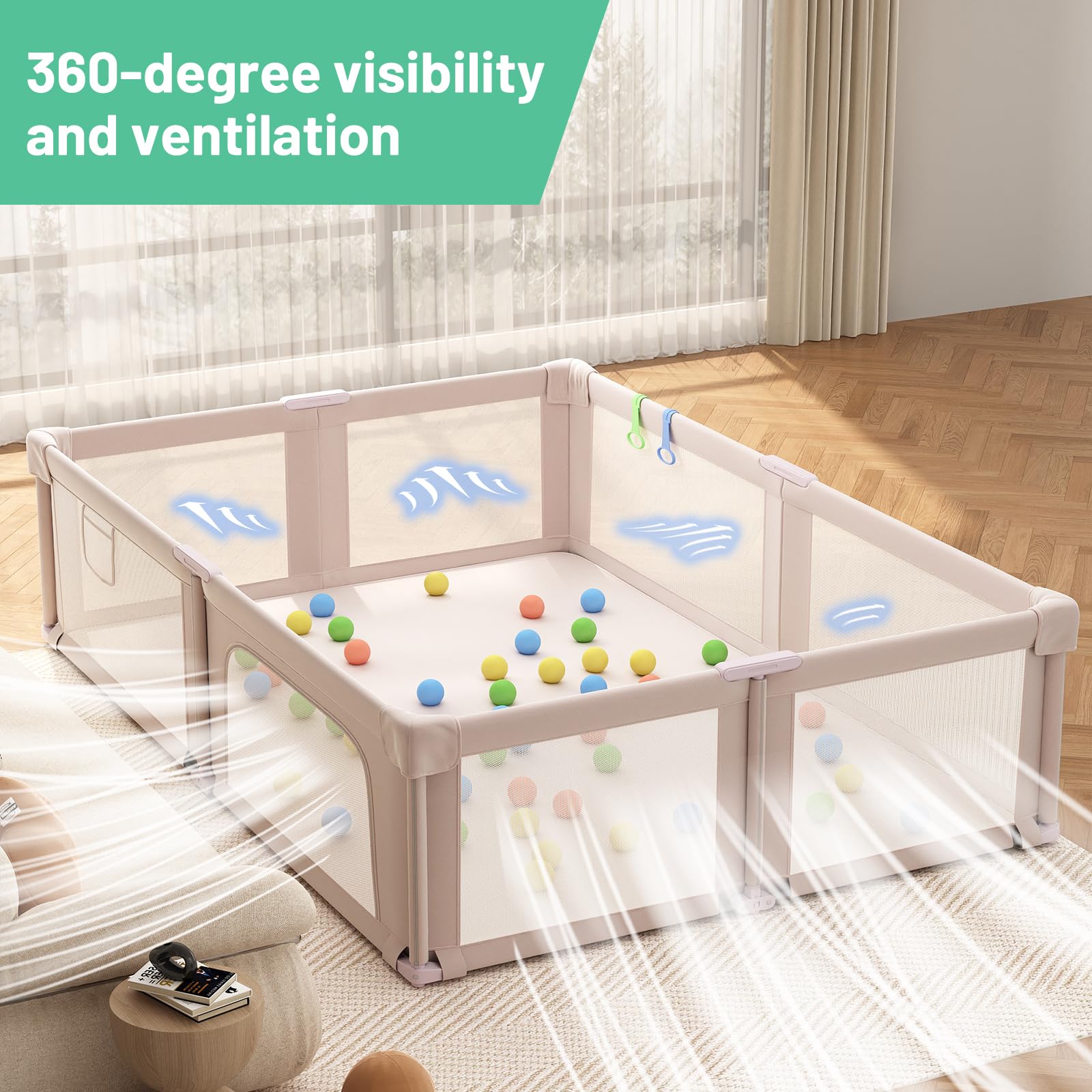 Seeday 360-view playpen highlights see-through mesh for monitoring.