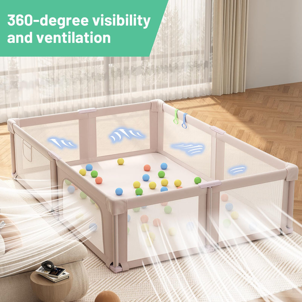Seeday 360-view playpen highlights see-through mesh for monitoring.