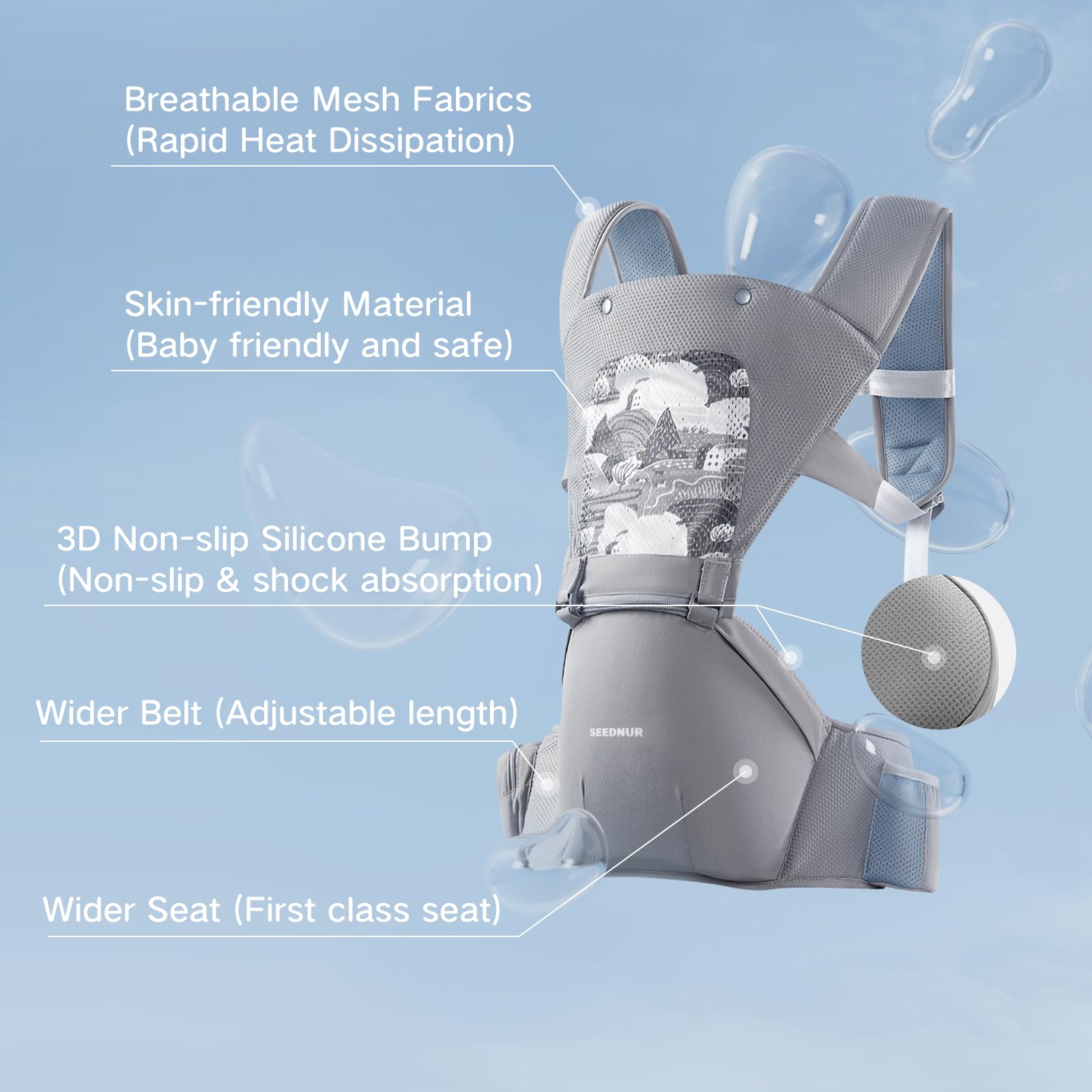SEEDNUR breathable mesh carrier keeps baby cool on warm days.
