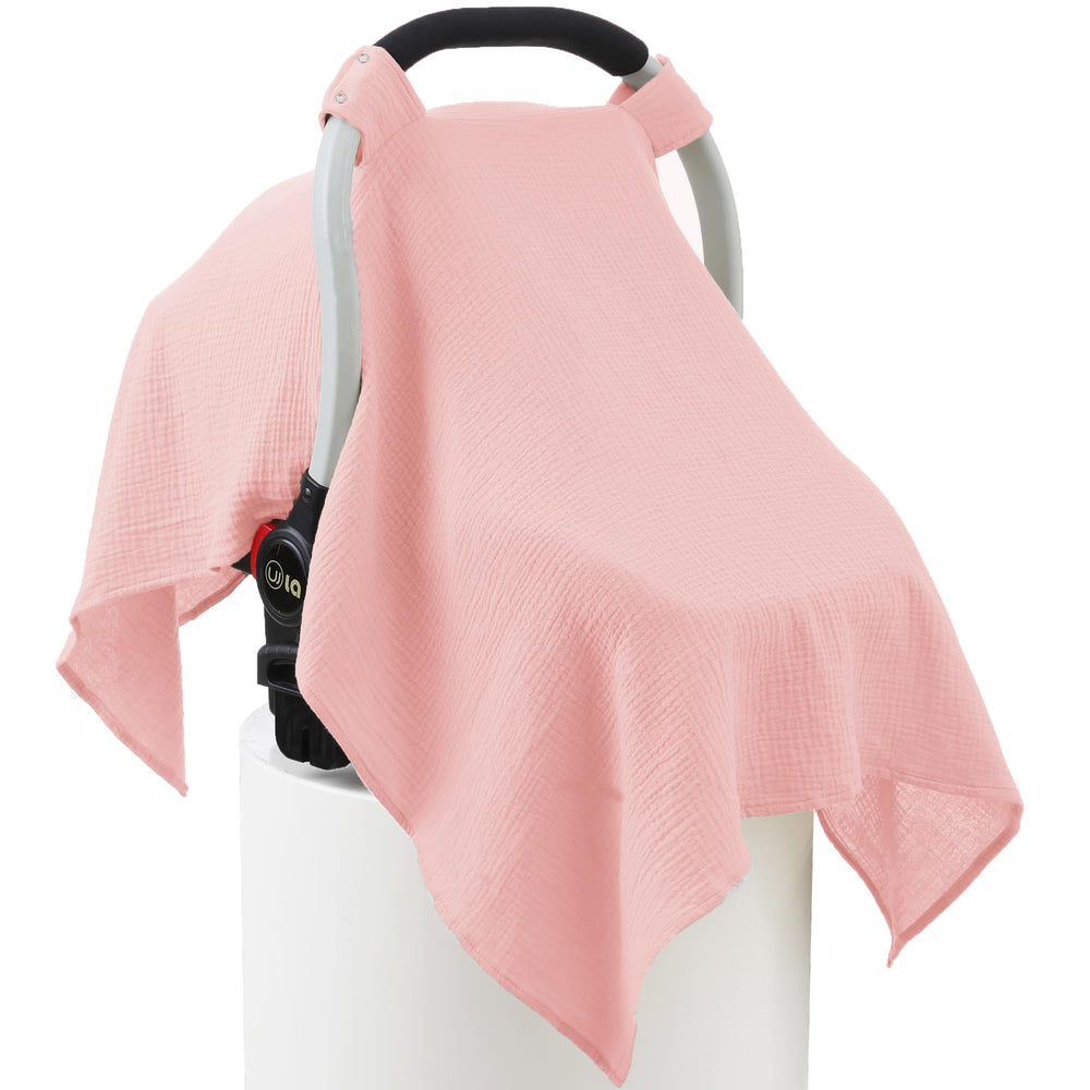 Seejoy muslin cotton car seat cover pink front view showing breathable, soft fabric