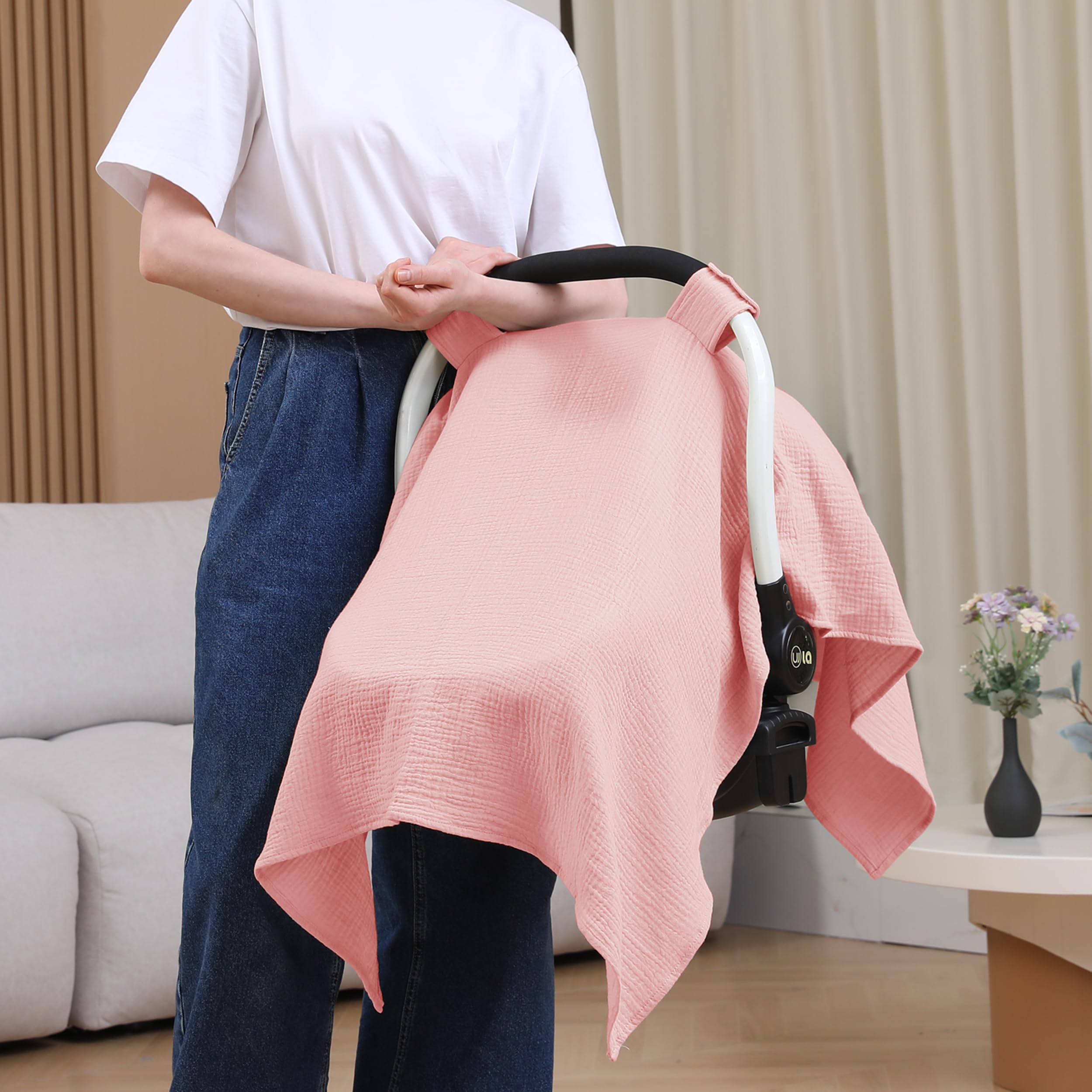 Seejoy muslin cotton car seat cover pink on baby stroller highlights full coverage