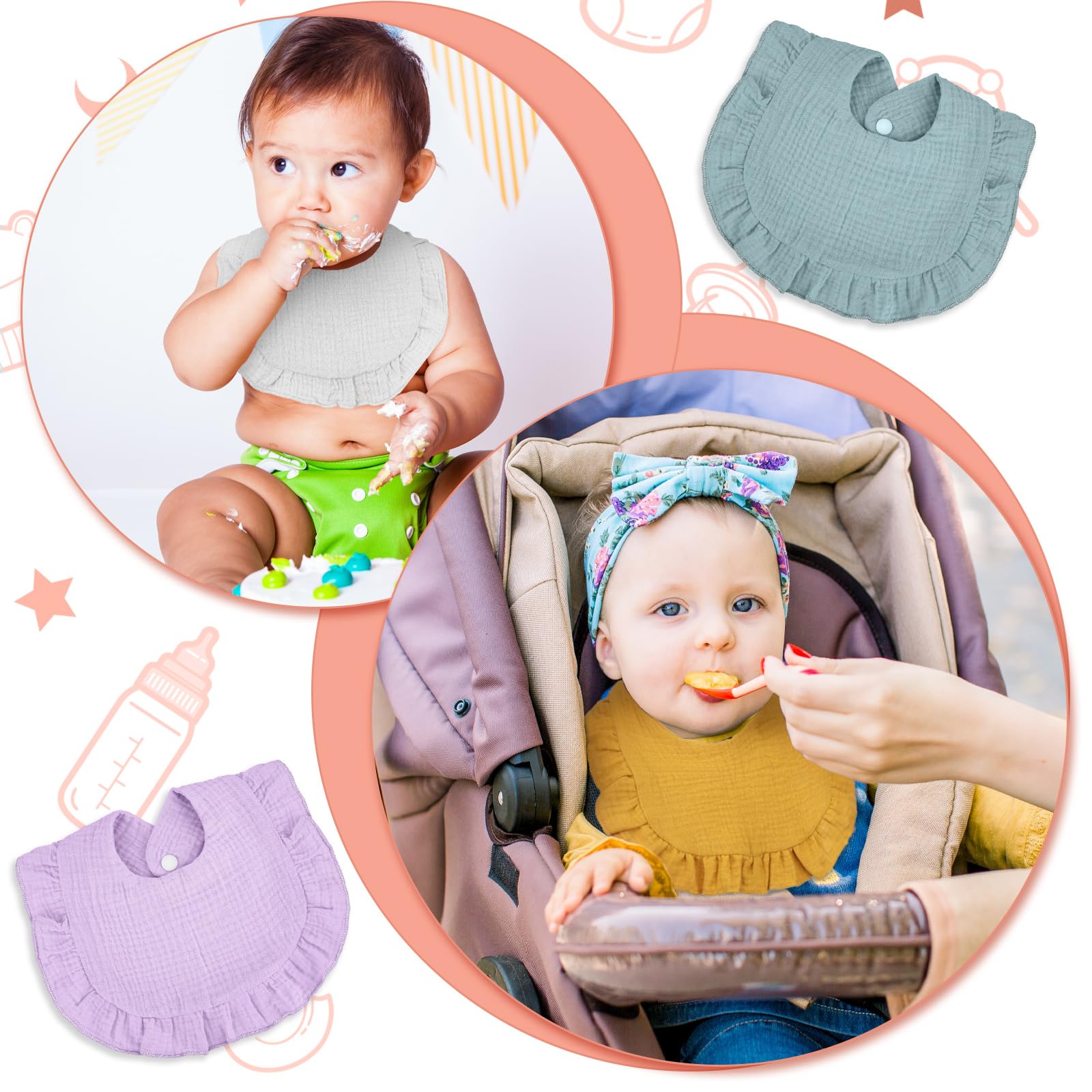 Seematn bibs adjustable side snaps; secure fit and easy on/off
