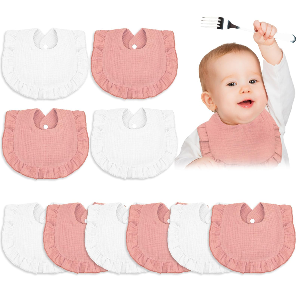 Seematn baby muslin bibs with bandana pink-white front for drool control and cute style.