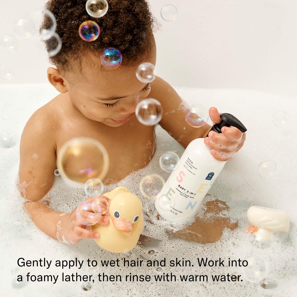 SEEN Baby fragrance-free cleanser in a bath scene for gentle cleansing