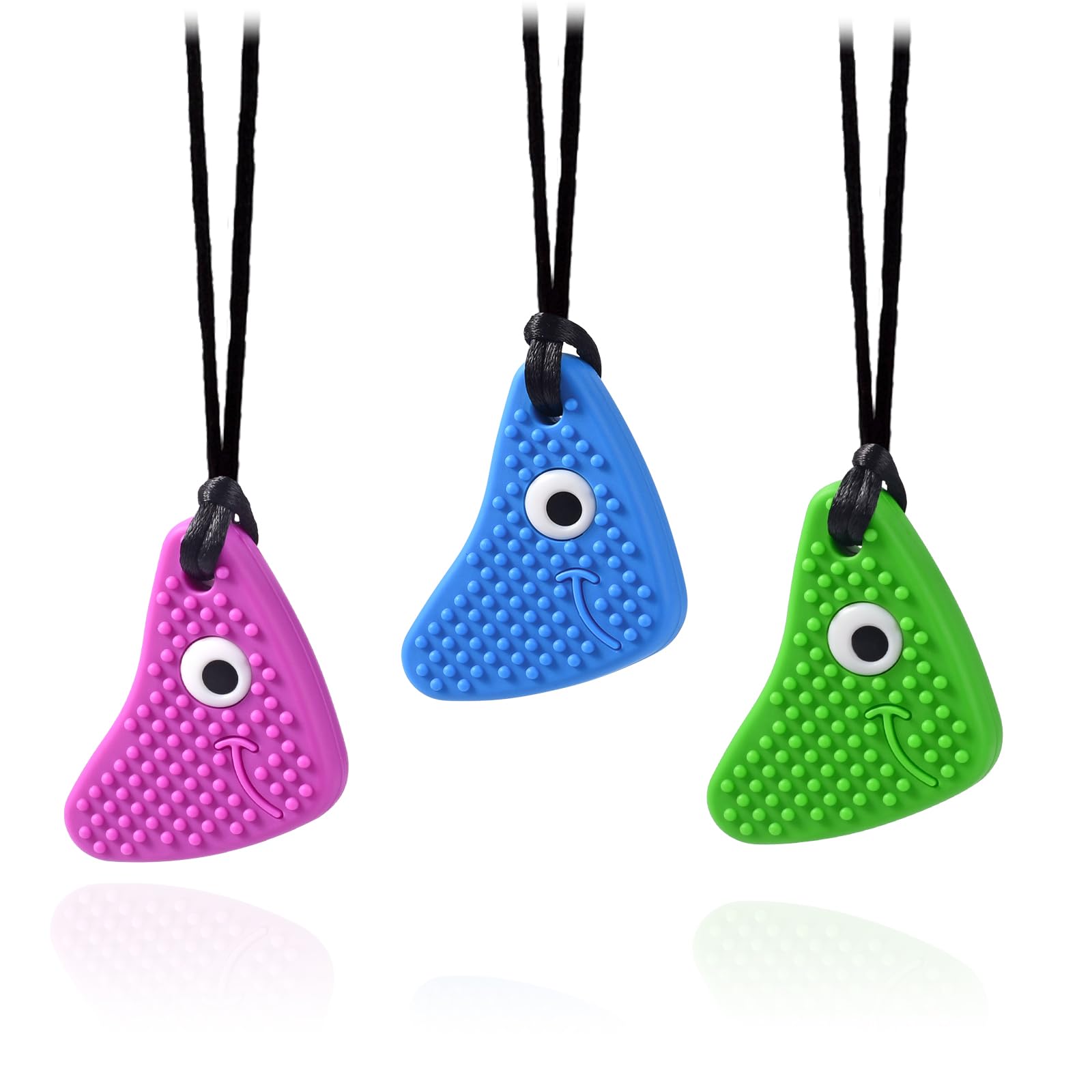 Seeway chew-necklace blue close-up shows textured shark tooth surfaces for sensory exploration